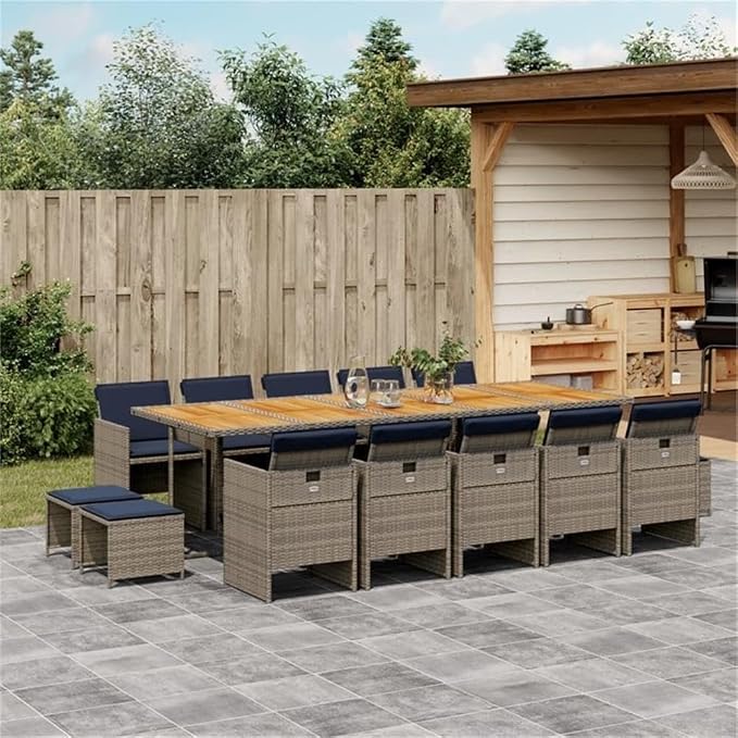 Afuera Living 15 Piece Poly Rattan Patio Dining Set, Gray and Oiled Acacia Wood, Removable Cushions, Weather-Resistant, Foldable and Stackable Chairs, Compact Outdoor Furniture for Garden, Patio,