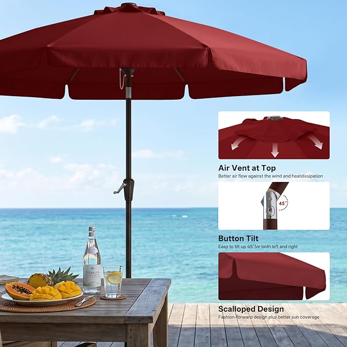 ABCCANOPY 9ft Scalloped Patio Umbrella, Outdoor Table Umbrella with Tilt and Crank, Fiberglass Ribs Deck Umbrella for Patio, Pool, Garden, Picnic (Burgundy)