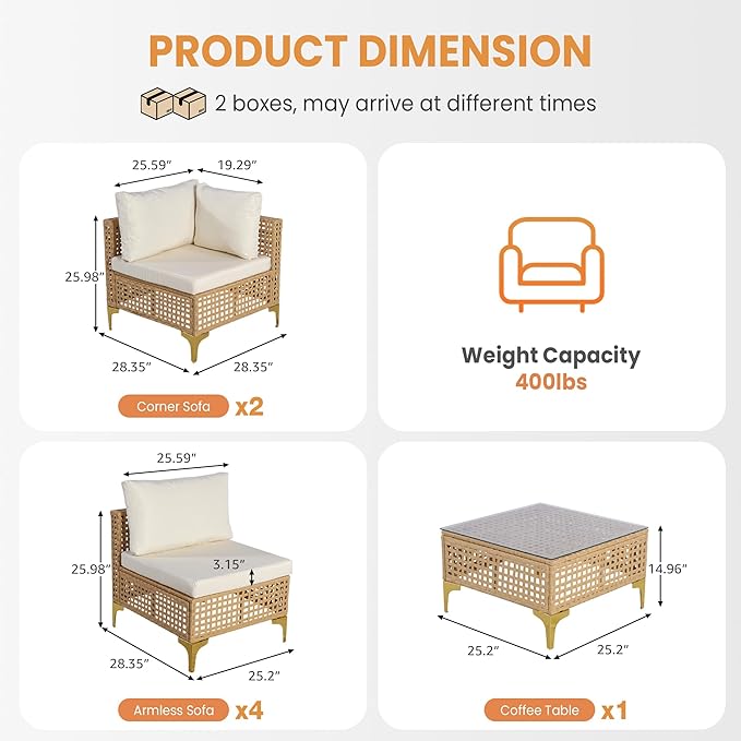 FHFO Patio Furniture Set, 7-Piece Wicker Patio Sectional Sofa Couch, Rattan Outdoor Conversation Set with Thick Cushion & Tempered Glass Coffee Table for Porch, Garden, Backyard (Yellow/Beige)