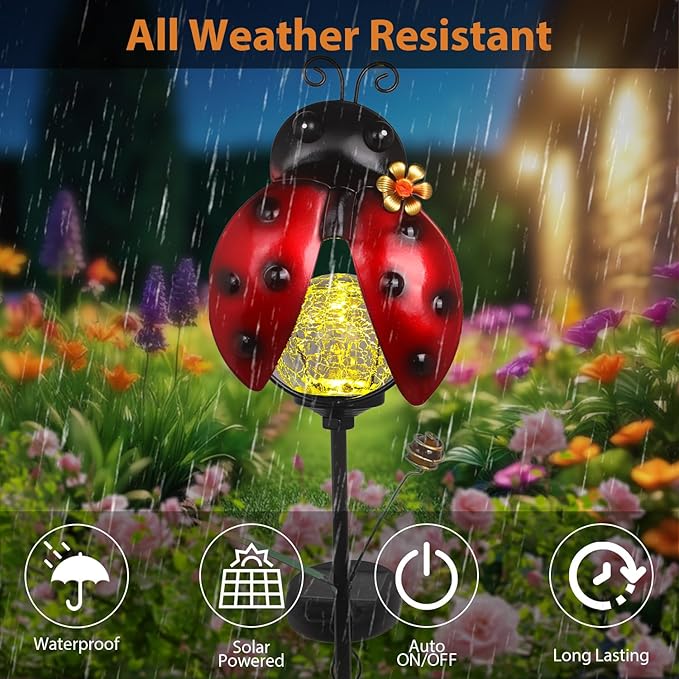 Solar Garden Ladybug Stakes Lights 2 Pack Outdoor Waterproof Metal Ladybug Decorations for Outside Yard Landscape Lawn Ornaments Lady Bug Garden Decor Unique Solar Light Decorative Gardening Gifts