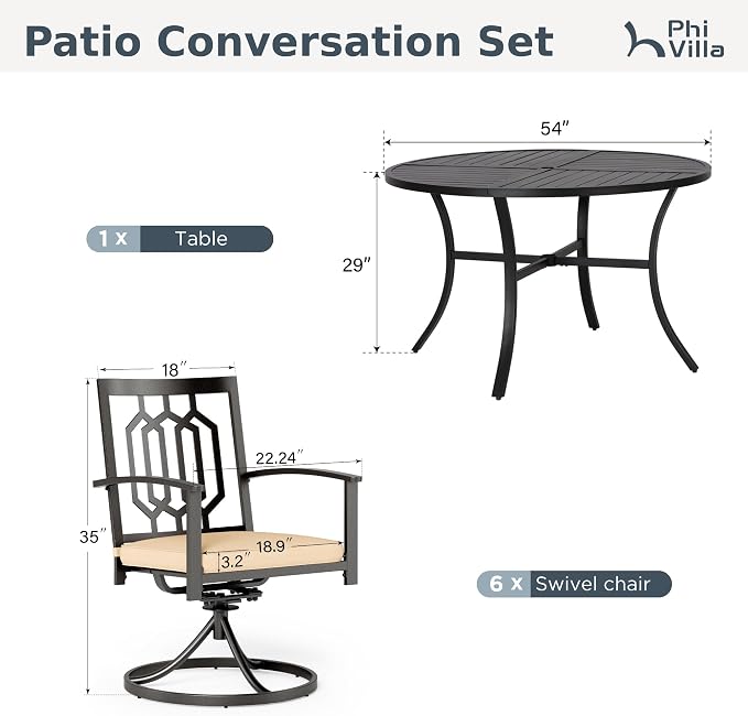 PHI VILLA 7 Pcs Outdoor Dining Set, 54" Round Table& Swivel Chairs | Black Wrought Iron Table w/ Umbrella Hole & Swivel Metal Chairs,Patio Furniture Set for Patio,Porch,Deck,Backyard