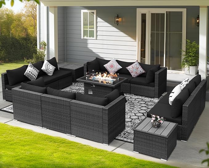 NICESOUL 15 Piece Outdoor Patio Furniture Set with Fire Pit, Extra Large Wide Outdoor Deep Seated Sectional, Cozy 29.3'' High-Back Modular Couch, 500 Lbs High Weight Capacity Wicker Sofa, Gray & Black