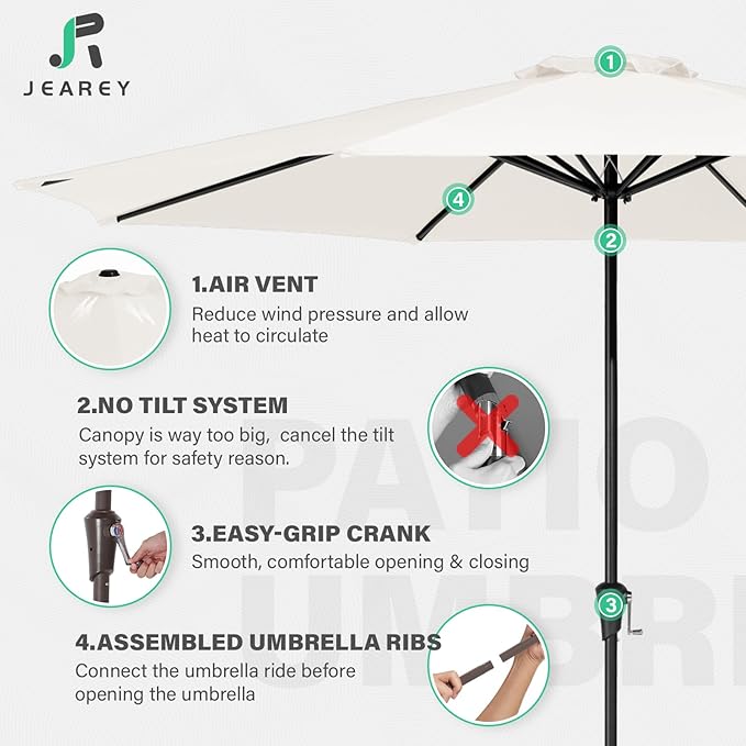 JEAREY 11' Patio Umbrellas Outdoor Table Market Umbrella w/Crank, 8 Sturdy Ribs, UV Protection Windproof for Garden, Deck, Backyard, Pool(Cream White)