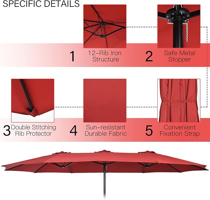 Tangkula 15FT Double-Sided Patio Umbrella with Base, Extra-Large Market Umbrella W/Crank System, Outdoor Twin Umbrella W/ 12-Rib Metal Structure & Air Vents for Garden, Backyard, Poolside (Burgundy)