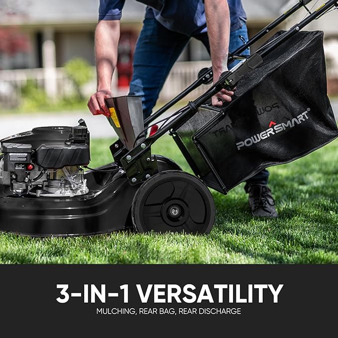 PowerSmart 22 in. 170cc Self Propelled Gas Lawn Mower Rear-Wheel-Drive, 3-in-1 Mulch/Bag/Rear Discharge, Steel Deck, 6 Height Adjustment,