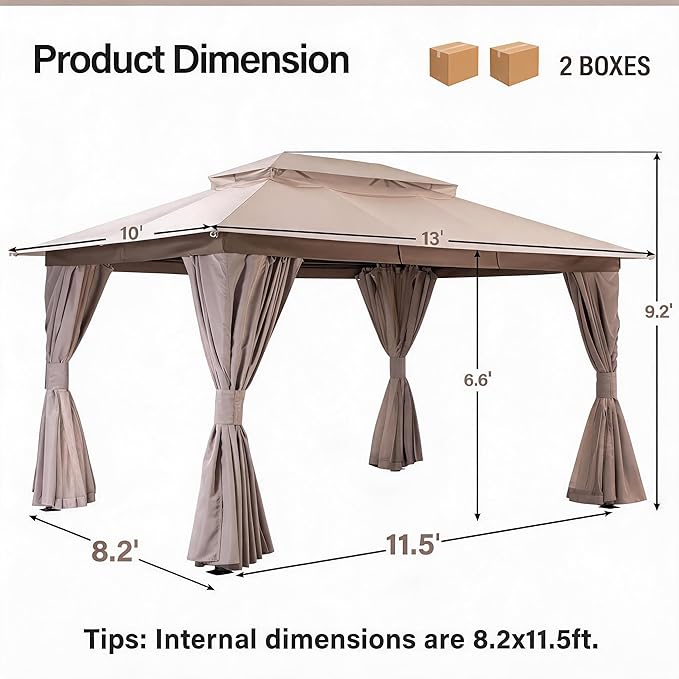 LAUSAINT HOME Patio Gazebo 10'x13', Outdoor Heavy Duty Party Tent Shelter with Double Roofs, Mosquito Nettings and Privacy Screens for Backyard, Garden, Lawn, Khaki