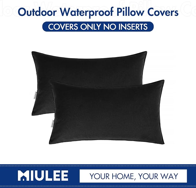 MIULEE Pack of 4 Waterproof Pillow Inserts Bundle Pack of 2 Outdoor Pillow Covers Black 12x20 Inch