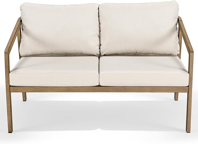 Patio Conversation Sets Outdoor Loveseat Sofa, Aluminum Patio Sofa Chairs with Washable Thick Cushions, Modern All-Weather Patio Furniture Sets for Garden, Backyard, Porch (Brown+Beige)