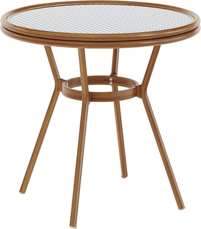 Flash Furniture Lourdes Indoor/Outdoor Commercial Bistro Table - Tempered Glass Top - PE Rattan - Natural Bamboo Print Aluminum Frame - 31.5" - White/Navy
