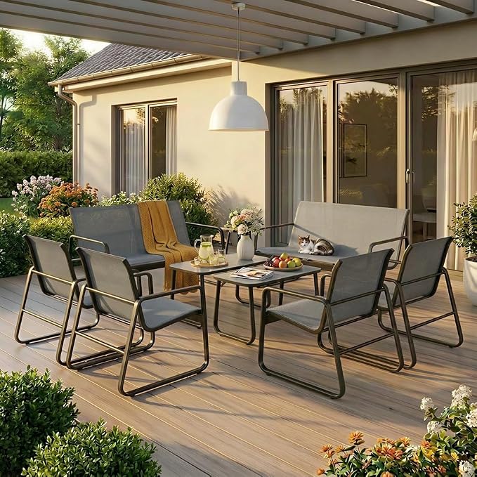 Gizoon 8 PCS Outdoor Patio Conversation Set, All Weather Metal Teslin Fabric, Patio Furniture Set with 2 Loveseat Benches, 4 Arm Chairs & 2 Glass Coffee Tables, for Backyard, Pool, Porch, Garden, Grey