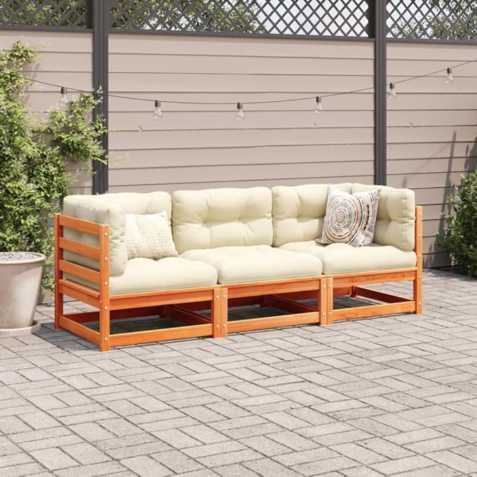 Outdoor Seating Furniture,Outdoor Conversation Sets,3 Piece Patio Sofa Set with Cushions Wax Brown Solid Wood PineSuitable for Patio, Garden, Gazebo Low