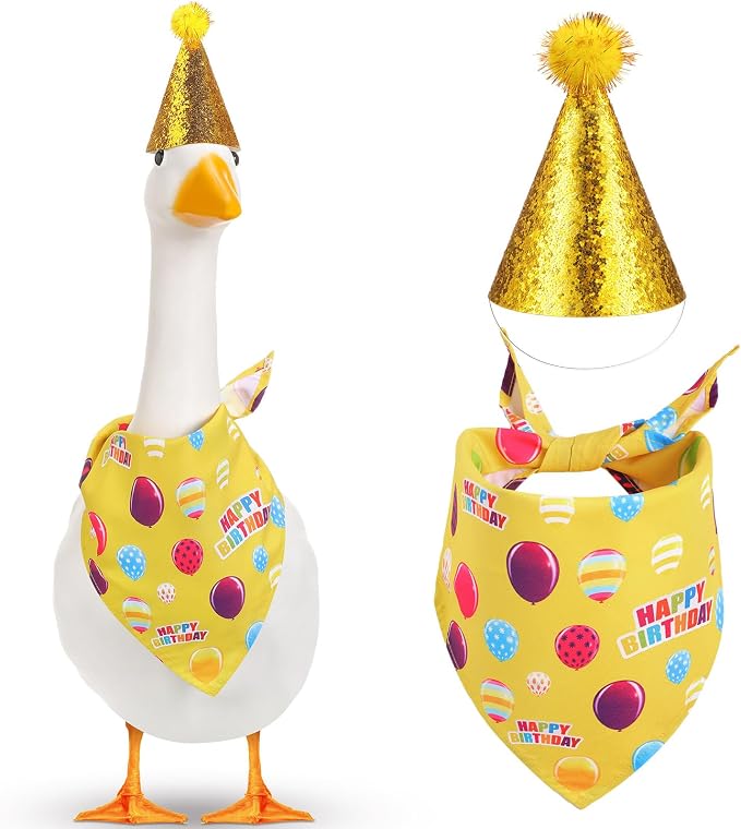 Happy Birthday Goose Outfit with Glitter Hat and Bandana,Yellow | for 23" 17" Cement Plastic Porch Goose, Outdoor Statue Patio Yard Lawn Art