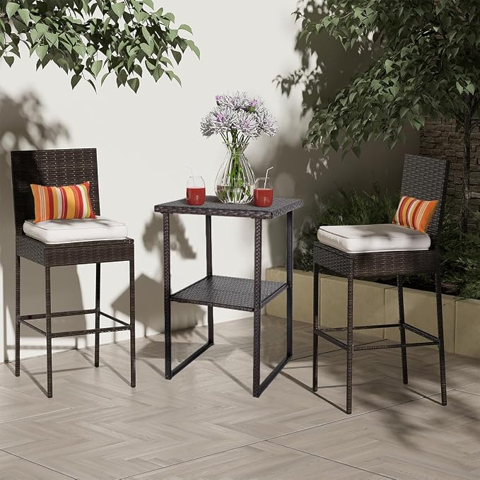 Sundale Outdoor Wicker Bar Table, 36 Inch Counter Height Patio High Top Dining Table, Rattan Bistro Pub Table with Storage Shelf for Deck Poolside Balcony Garden, Variegated Brown
