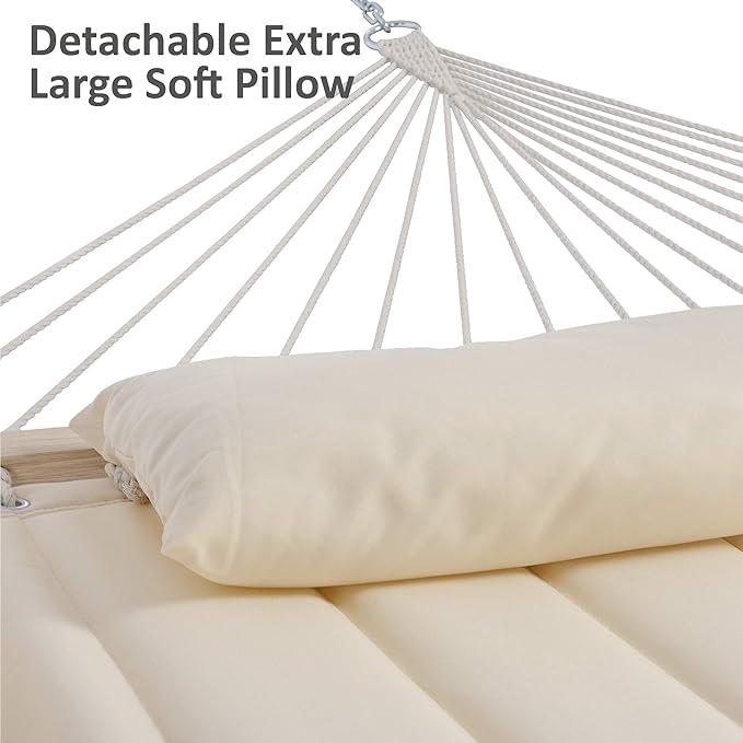 SUNCREAT Hammocks Double Hammock with 13.5 ft Wooden Stand, Hammock Cover, Outdoor Hammocks for Outside, 475 lbs Capacity, Beige