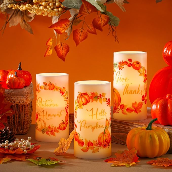 Retisee 3 Pcs Thanksgiving Flameless LED Candles Pumpkin Wreath Battery Operated Candles with Remote Thanksgiving Pumpkin Decor for Table Centerpiece Bedroom Living Room Fall Autumn Decorations