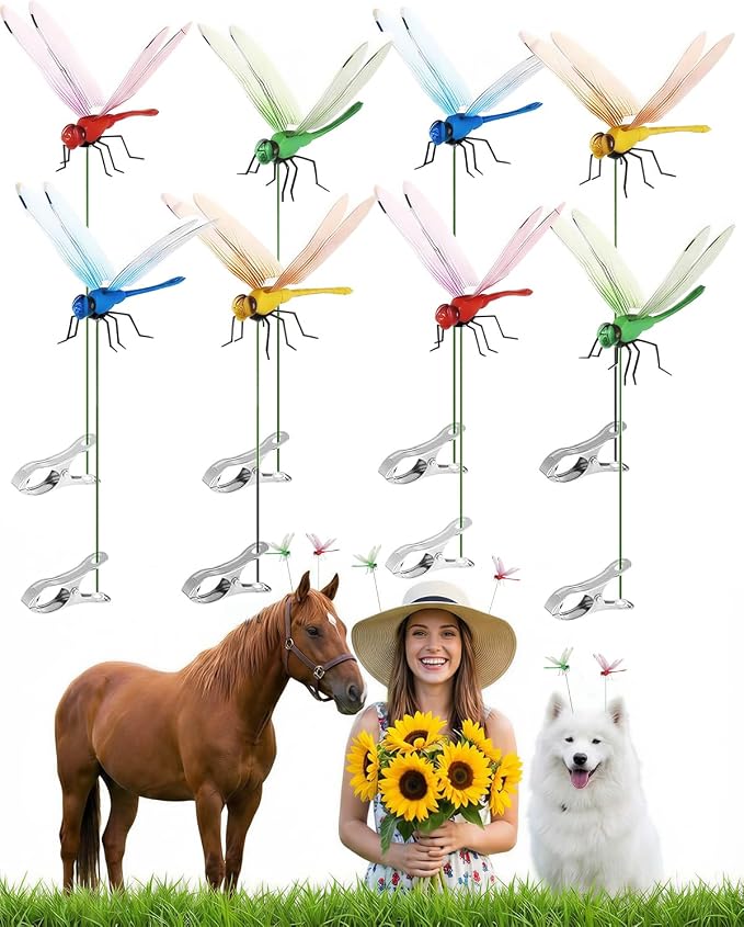 8 Pack Dragonfly Decoy Clips, 3D Realistic Wingman for Outdoor Garden, Nature-Inspired Visual Deterrent for Wasps, Flies and Bees, Clip-on Decoration for Hats, Backpacks and Patio
