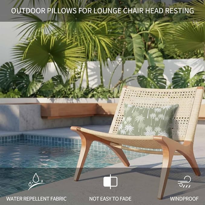 Tropical Palm Tree Outdoor Pillows for Chaise Lounge Chair Beach Headrest Pillow Set of 2 Waterproof Lumbar Pillows with Insert&Strap Sage Green Plants Coastal Leaf Beach Pool Pillow 11"x16"