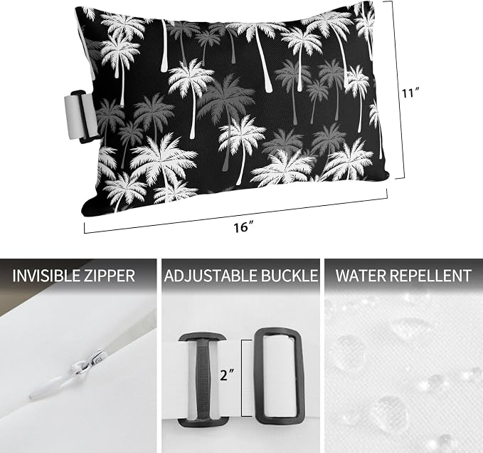 Tropical Palm Tree Outdoor Pillows for Chaise Lounge Chair Waterproof Lumbar Pillows with Insert&Adjustable Strap Beach Headrest Pillow Black White Plants Coastal Leaf Beach Pool Pillow 11"x16"