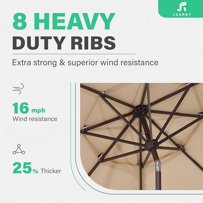 JEAREY 9FT 3 Tier Patio Umbrella Outdoor Market Umbrella Table Umbrellas with 8 Ribs 1.5 Pole Push Button Tilt and Crank UV Protection for Garden,Beige