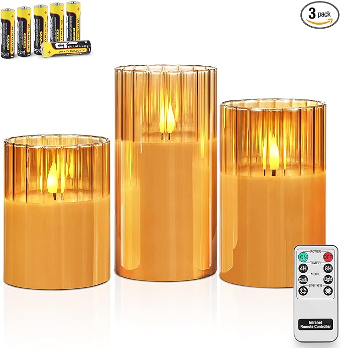 Rhytsing Gold Ribbed Glass Battery Operated LED Candles with Remote, Flameless Candle Gift Set with Timer, Warm White Light- Include 6 Batteries - Set of 3