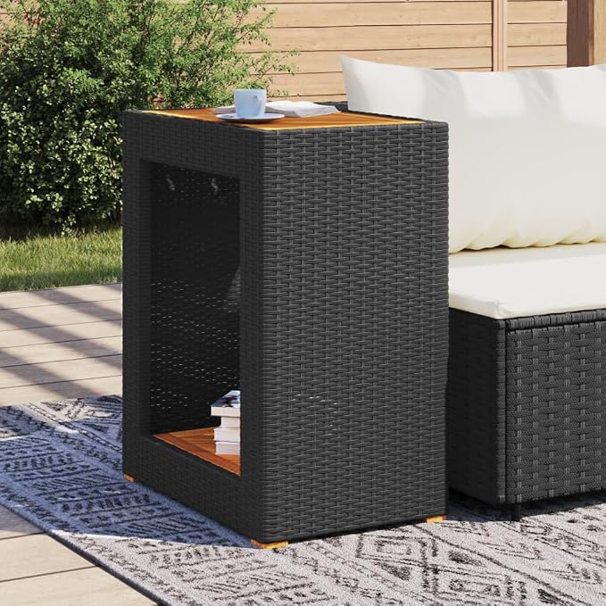 Patio Side Table with Wooden Top Black 23.6"x15.7"x29.5" Poly Rattan End for Outdoor Furniture Garden Backyard Patio Coffee Table