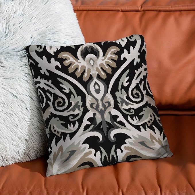 Cushion Cases Ikat Black Brown Pillows Rustic Euro Sham Charcoal Pillow Cover Accent Square Couch Sofa Cushion Covers for Patio Furniture Tent Garden 24x24 in