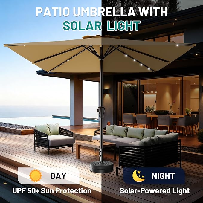 AreShark 8' X 10' Rectangular Patio Umbrella with Solar Lights, Lighted Solar Umbrella with Crank, Outdoor Table Umbrella for Garden, Deck, Backyard, Pool and Beach, Khaki