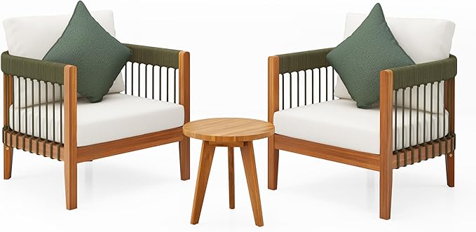 Christopher Knight Home Nadine 3 Pieces Patio Conversation Set, Handwoven Rope Accent Chairs, Acacia Wood Side Table, Tub Shaped Club Chairs, Round Side Table and Chair Set for Yard, Green+Beige