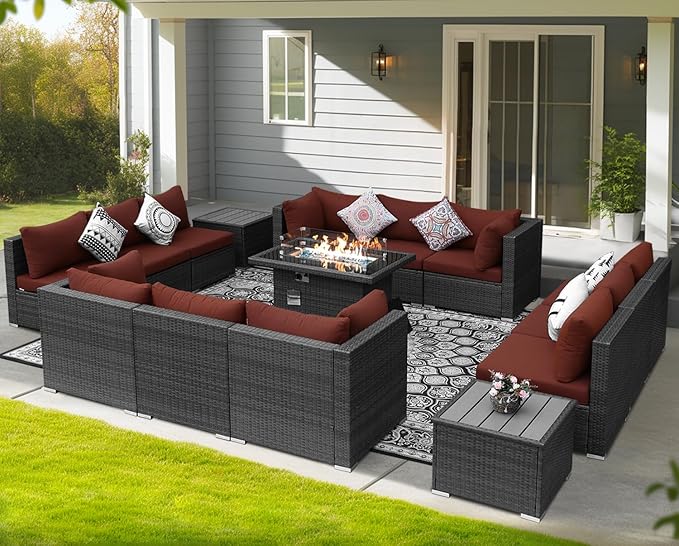 NICESOUL 15 Piece Outdoor Patio Furniture Set with Fire Pit, Extra Large Wide Outdoor Deep Seated Sectional, Cozy 29.3'' High-Back Modular Couch, 500 Lbs High Weight Capacity Wicker Sofa, Gray & Red