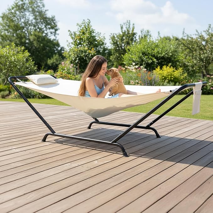Freestanding Hammock with Stand, 330lbs Capacity Heavy Duty Outdoor Hammock Bed with Soft Pillow & Side Storage Pocket, Double-Layer Fabric Portable Hammock for Patio, Garden, Beige