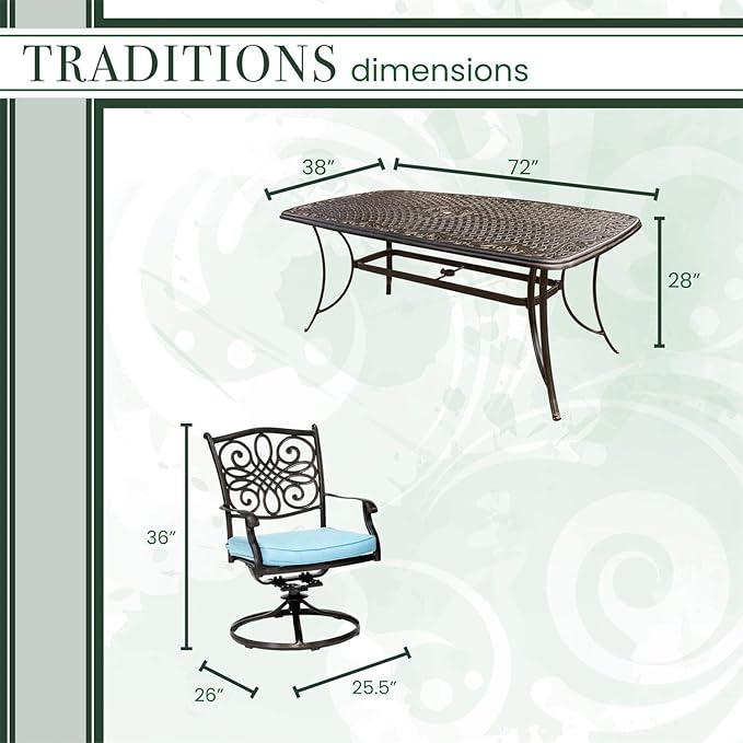 Hanover Traditions 7-Piece Outdoor Dining Set for 6 with Blue Cushions, 6 Swivel Rockers and Aluminum Rectangular Dining Table, Rust-Resistant, Patio Dining Set