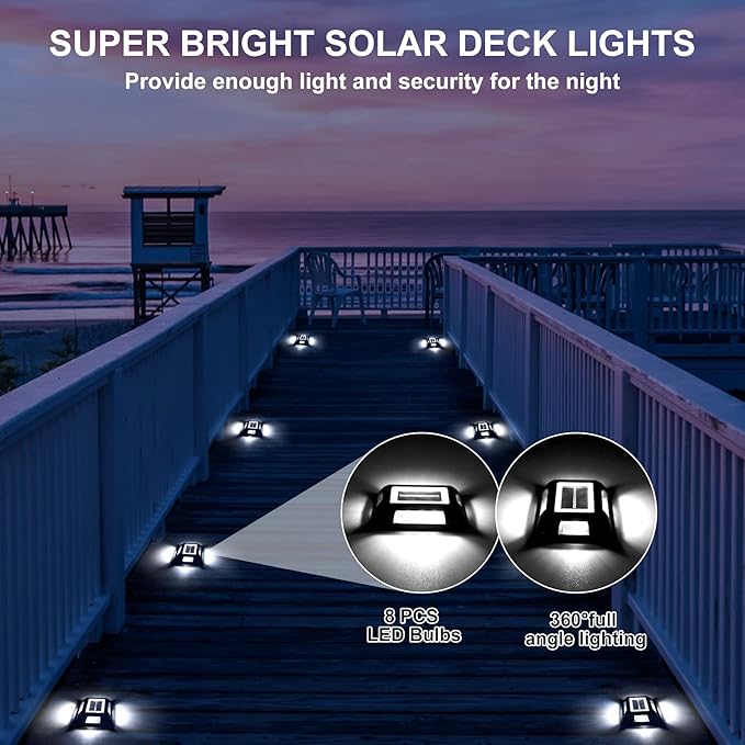 Solar Deck Lights Driveway Dock Lights- 8 Packs Waterproof 1200mAh Solar Powered Outdoor LED Aluminum Dock Lighting Road Markers Step Light for Driveway Sidewalk Garden Pathway Yard (White)