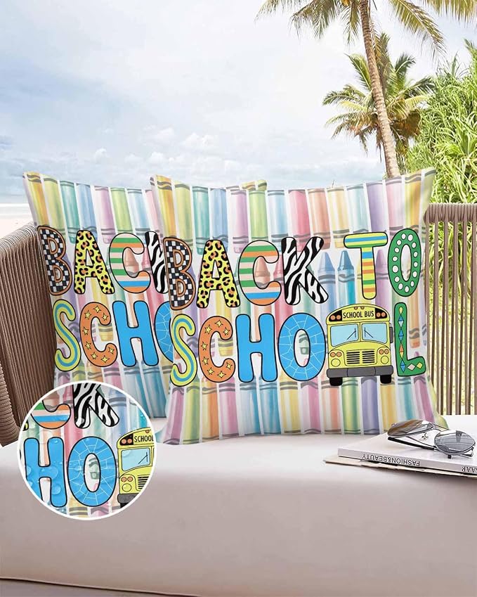 Outdoor Waterproof Throw Pillow Covers Set of 2 Back to School Pillowcases 24x24 Inches Crayon Truck School Season Decorative Pillows Cushion Case Patio Pillows for Couch Bed Chair Garden