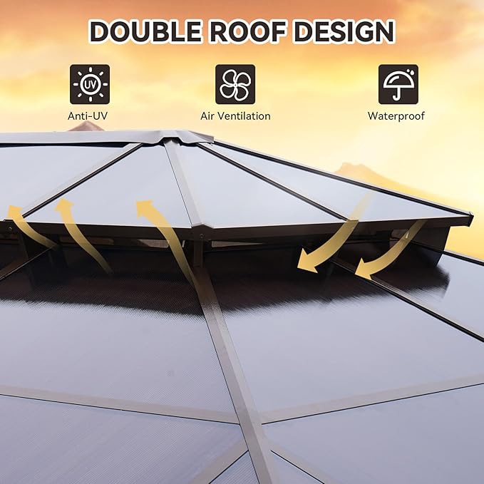 Aoxun 12'x20' Hardtop Gazebo, Outdoor Metal Gazebo with Double Polycarbonate Roof Canopy, Permanent Pavilion with Netting and Curtains for Lawn, Garden, Patio (Brown)