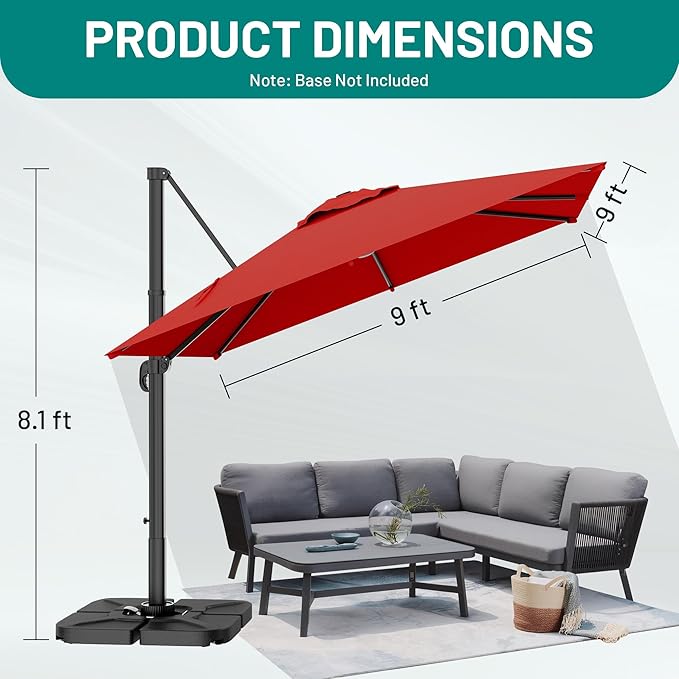 AreShark 10 × 10FT Square Cantilever Patio Umbrella with Base Included, 360° Rotation Offset Outdoor Umbrella, 5 Tilt Settings Heavy Duty Hanging Parasol for Deck Garden Pool, Red