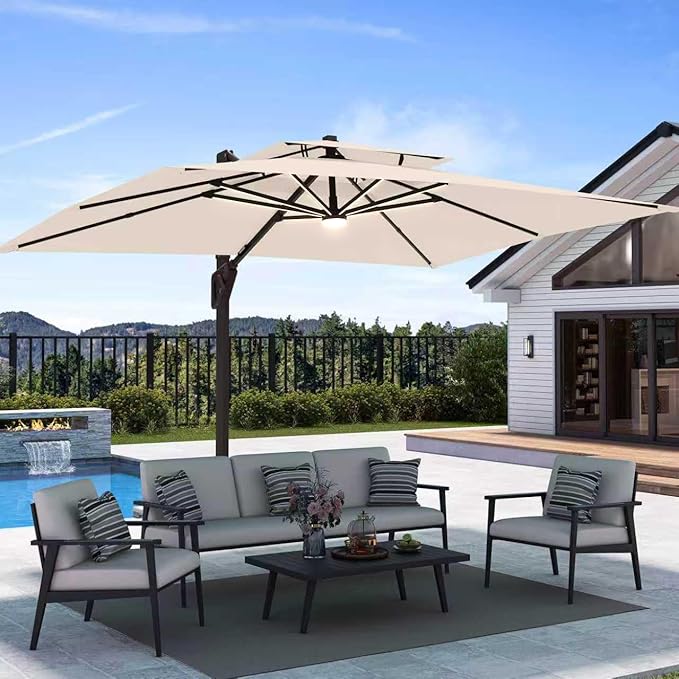 9' X 12' Patio Umbrella with Weighted Base and LED Lights Outdoor Cantilever Large Rectangle Offset Umbrellas Heavy Duty Aluminum Double Top with 360-degree Rotation for Pool Garden Deck, Beige