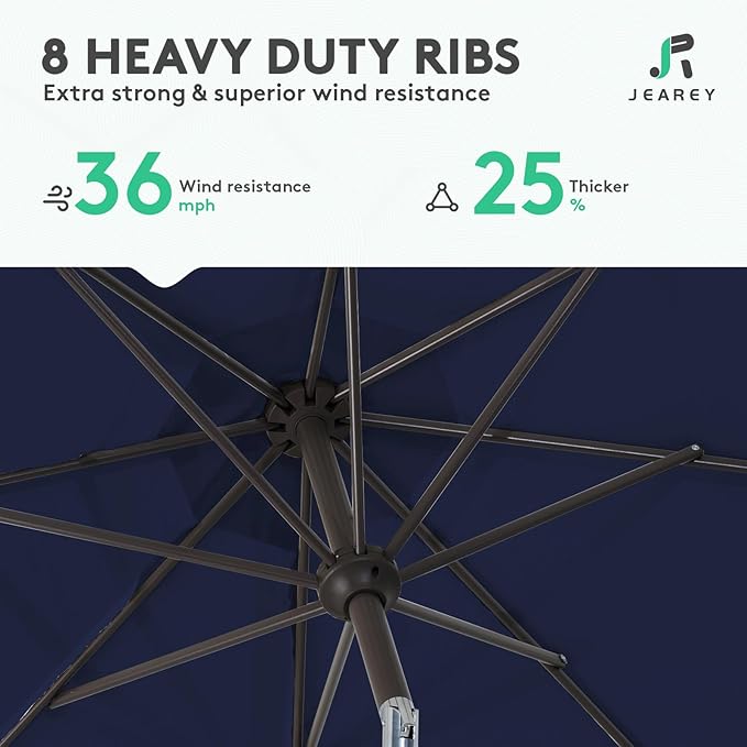 JEAREY 10FT Outdoor Patio Umbrella Outdoor Table Umbrella with Push Button Tilt and Crank, Market Umbrella 8 Sturdy Ribs UV Protection Waterproof for Pool, Garden (Dark Blue)