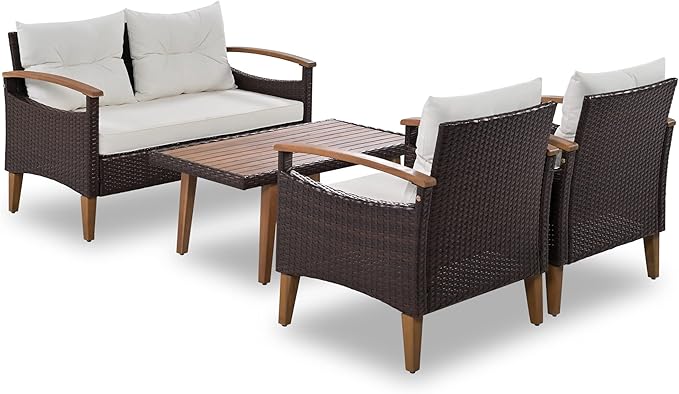 4-Piece Outside Rattan Sectional Sofa, Patio Conversation Set with Coffee Table, Garden Furniture Set for Garden, Porch, Backyard, Brown and Beige