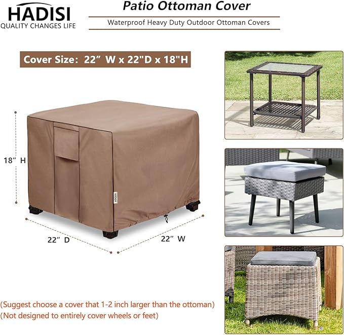Patio Ottoman Cover Waterproof Square Outdoor Small Side Table Covers,22" W x 22" D x 18" H,Outdoor Rectangular Waterproof Table Cover(Brown)
