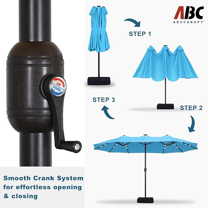 ABCCANOPY 15ft Umbrella Outdoor Patio Solar Lights with Base, Outdoor Double-Sided Rectangle Umbrella for Poolside, Lawn, Backyard (Turquoise)