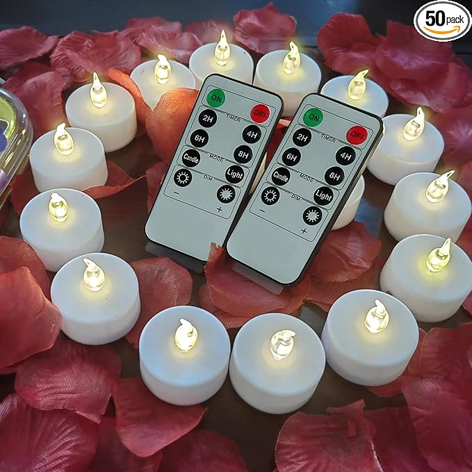 Hanzim Tea Light Candles with Remote Control,Flickering Flameless LED Candle,Long Lasting 400+Hours,Battery Operated,with Timer for Home Decoration Seasonal &Festival Celebration WarmWhite (50pcs)