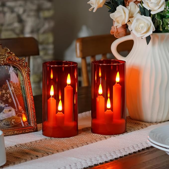 3 in 1 Flameless Taper Short Candles with 10 Key Remote Control and Timer, Battery Operated Pack of 2 LED Acrylic 3" x6" Red Pillar Flickering Warm Light