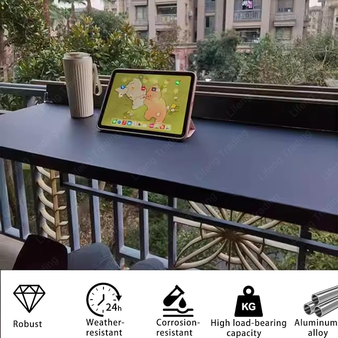 Outdoor Balcony Bar Table for Railings Aluminium Folding Balcony Shelf 5 Height Adjustable Wall-Mounted Side Table Saving Space 120 lbs Loading Serving Table for Patio Deck(Black,39.4x15.7in)