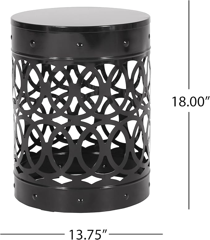 Outdoor Metal End Table Large, White Iron Side Table with Geometric Cut Design, Round Patio Accent Table No Assembly Required, Weather Resistant for Garden Balcony Porch (Black)