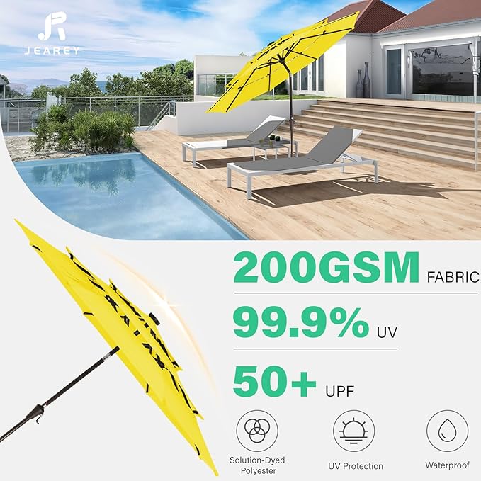 JEAREY 3 Tiers Patio Umbrella with Solar Lights 9ft Outdoor Market Table Umbrellas with Push Button Tilt for Outside Pool Garden, Yellow
