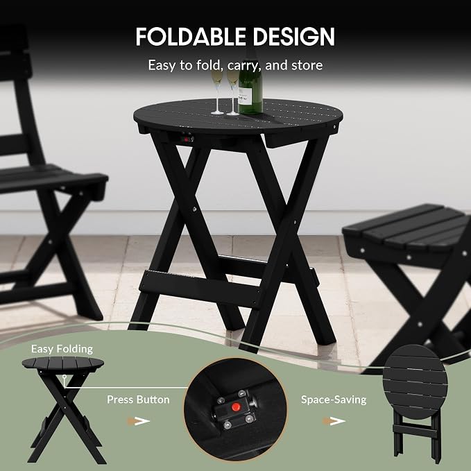 WestinTrends Malibu HDPE Outdoor 24.5 Inch Round Portable Folding Patio Dining Table, Black