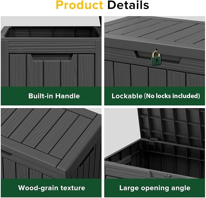 EasyUp 45 Gallon Outdoor Storage Box Waterproof, UV Resistant Deck Box Outdoor, Lockable Resin Deck Boxes for Garden Tools Equipment and Cushions, Black