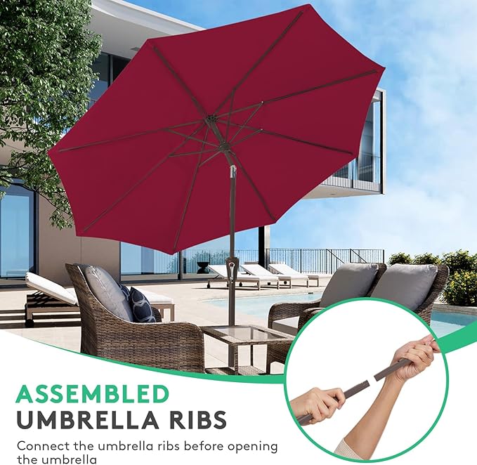 JEAREY 10FT Outdoor Patio Umbrella Outdoor Table Umbrella with Push Button Tilt and Crank, Market Umbrella 8 Sturdy Ribs UV Protection Waterproof for Pool, Garden (Dark Red)