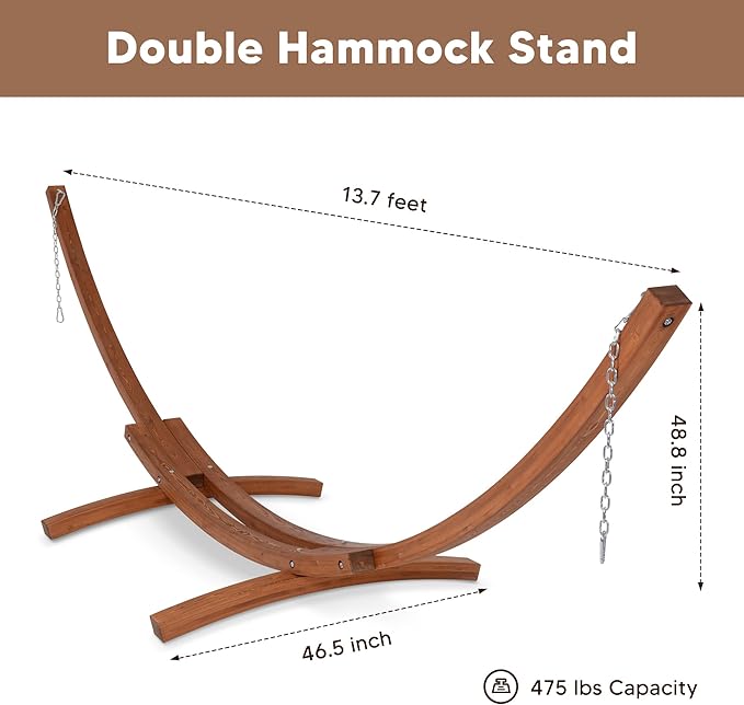SUNCREAT Hammocks Double Hammock with 13.5 ft Wooden Stand, Hammock Cover, Outdoor Hammocks for Outside, 475 lbs Capacity, Beige