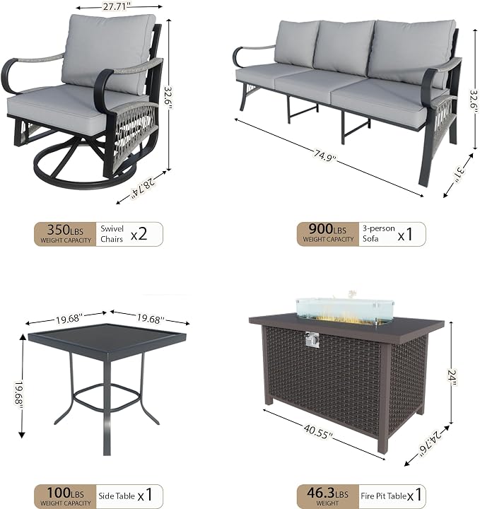 5 Pieces Patio Furniture Set, Metal Outdoor Conversation Sets with Fire Pit Table and Swivel Chairs for Backyard Garden Deck Porch Poolside (Thick Gray Cushions)